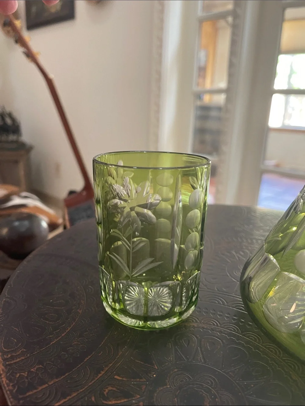 Antique Green Tumble Up Uranium Glass Decanter